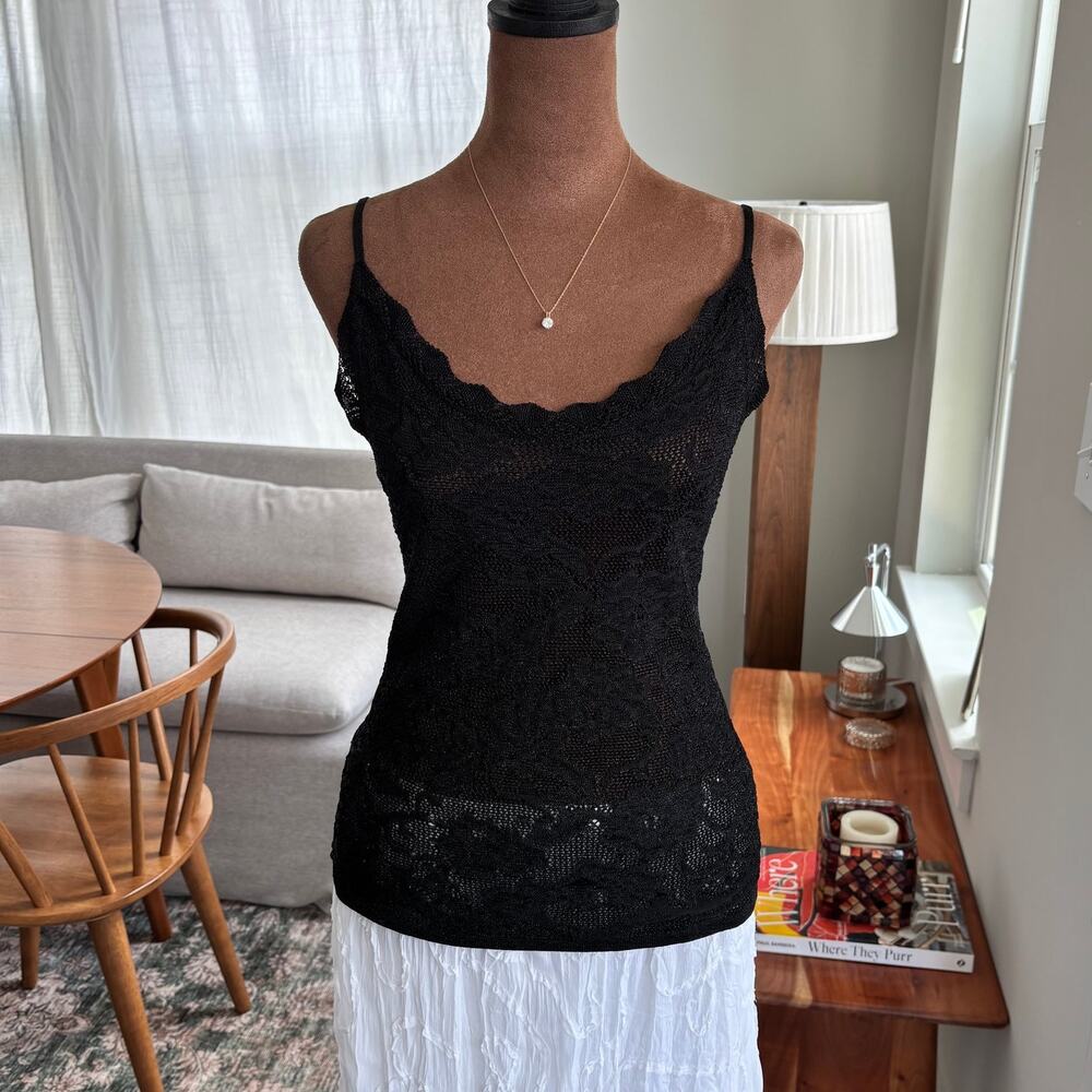 2000s Chico's Slinky Knit Lace Mesh Tank Cami Shimmery Black Y2K Top Small